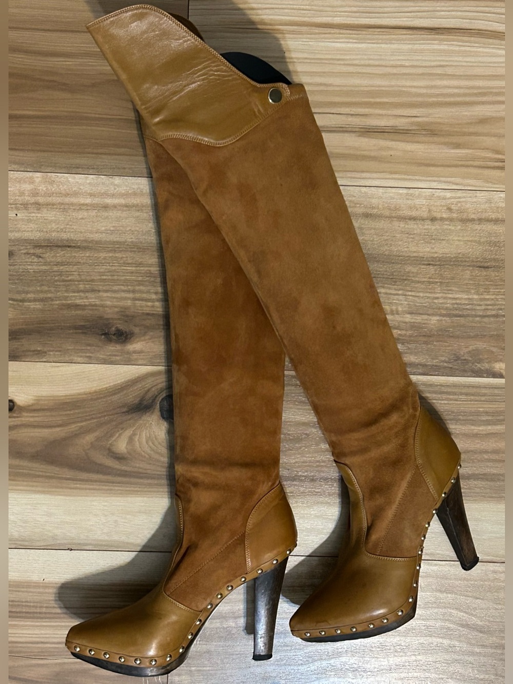Sergio Rossi Tan Leather & Suede OTK Over The Knee Studded Boots Size 37.5